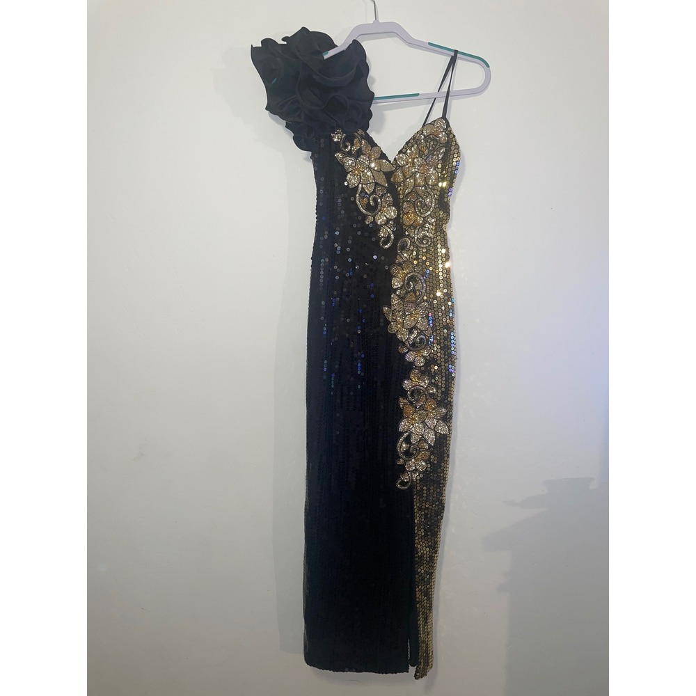 Vintage Black Gold Sequin Floral Embellished Gown 3D Flower Shoulder Slit Dress